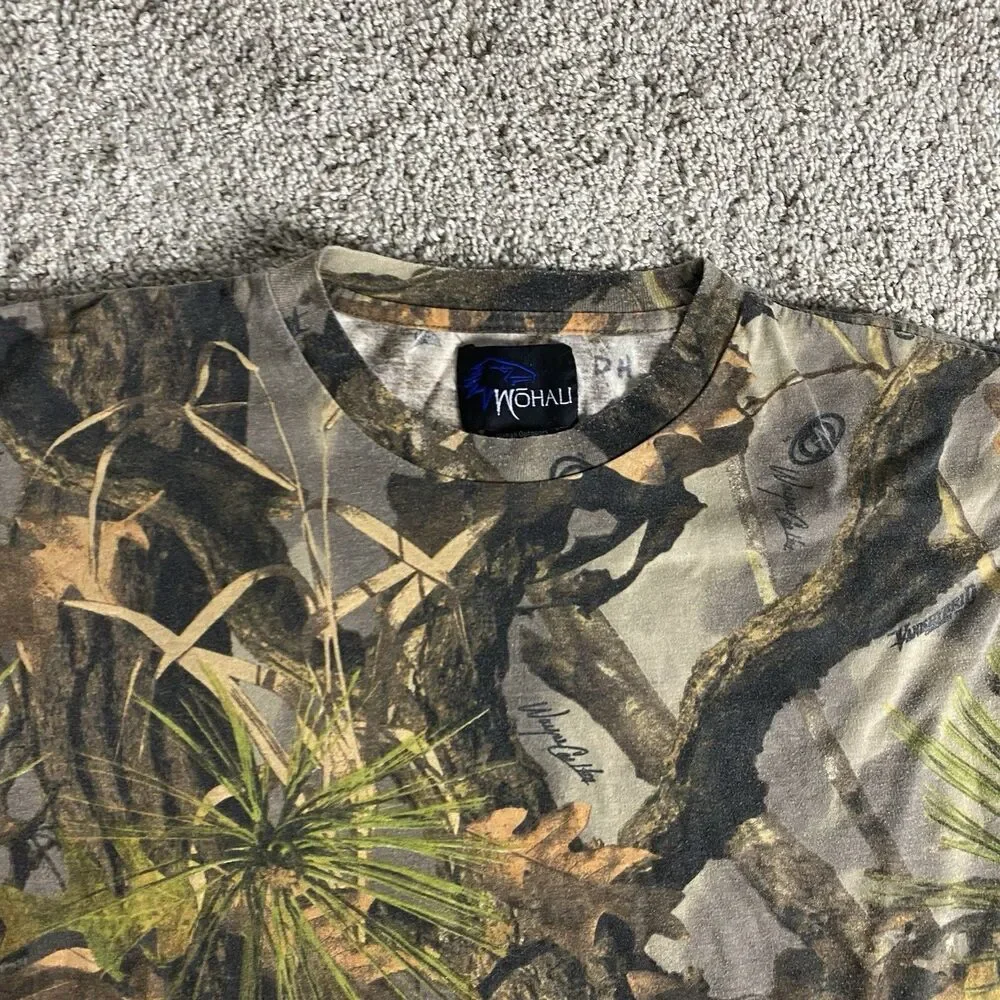Vintage Wohali Outdoors Forest Camo Print T-shirt Size XL Hunting Fishing